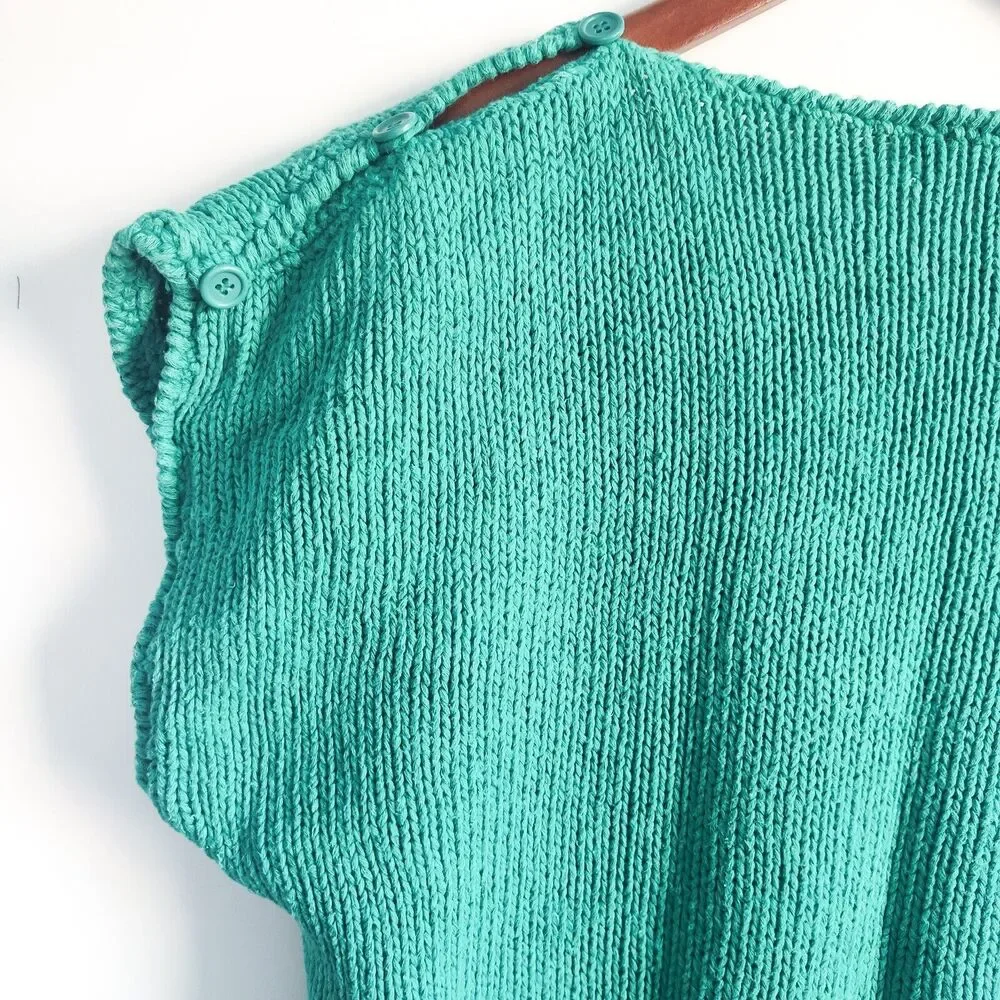 Chaus Sweater Linen Cotton 90s Medium Knit Sleeveless Floral Womens Green Vtg